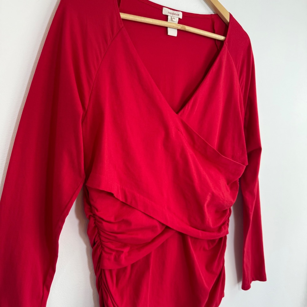 Sundance Ruched Wrap Top XL Red Long Sleeve Stretch‎ Boho Romantic Blouse - Picture 2 of 10